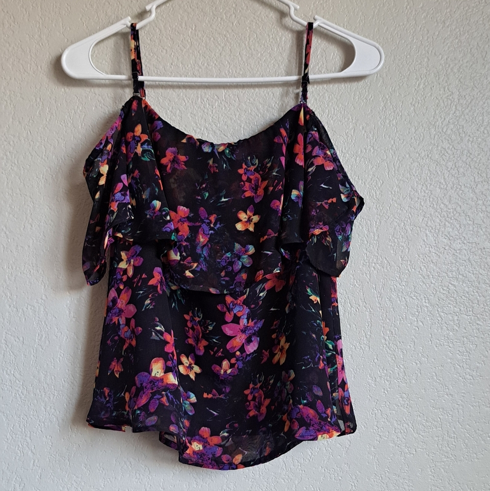 Decree Black Pink Floral Ruffle Tank Top Size Large